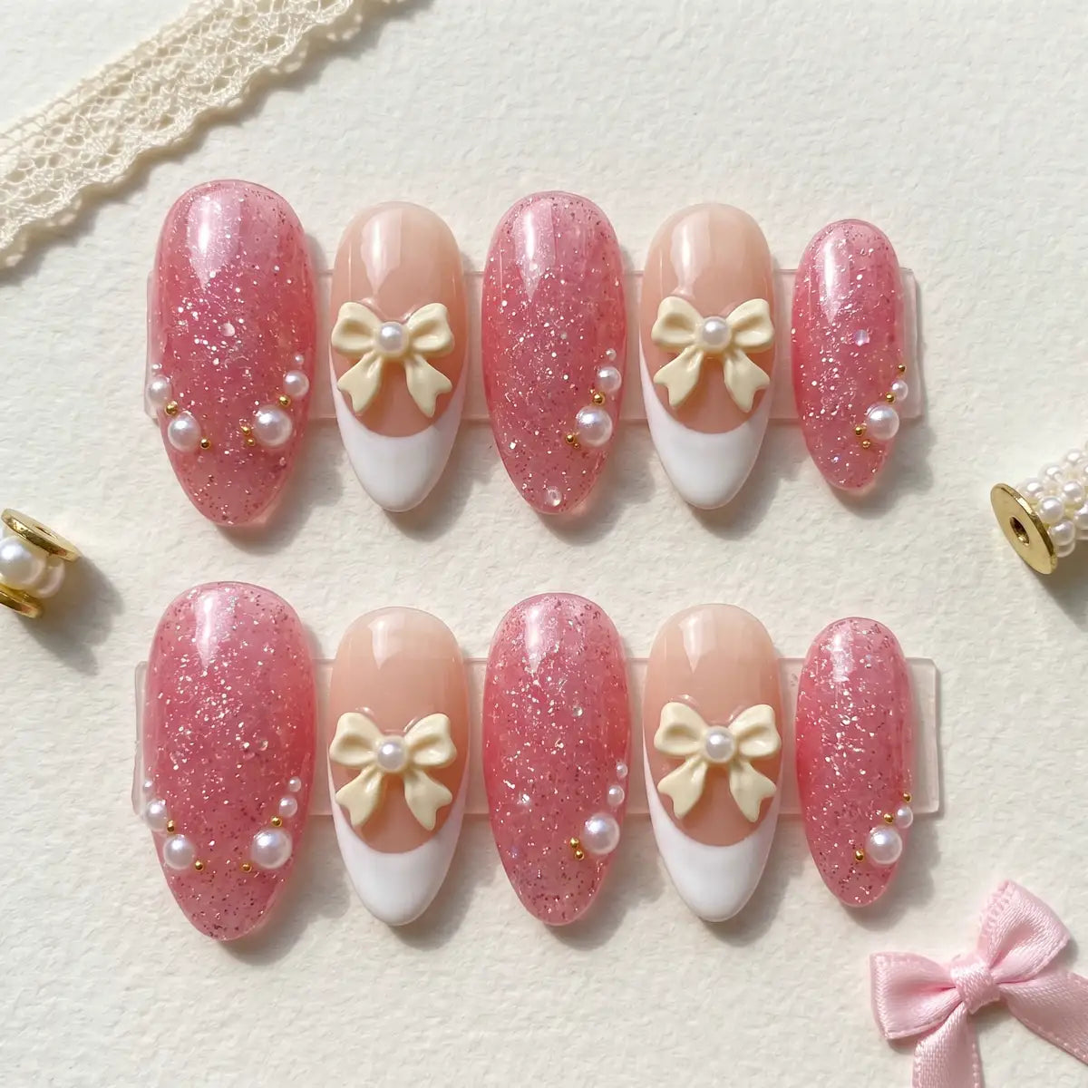 pink white 3d glitter french tip almond press on nails pearl mockup 01