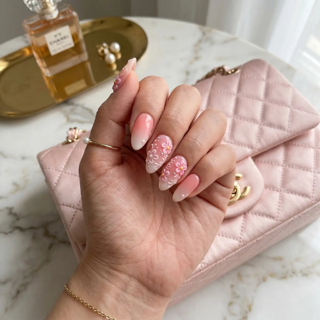pink white 3d ombre almond press on nails peony bloom botanical pearl lifestyle 02