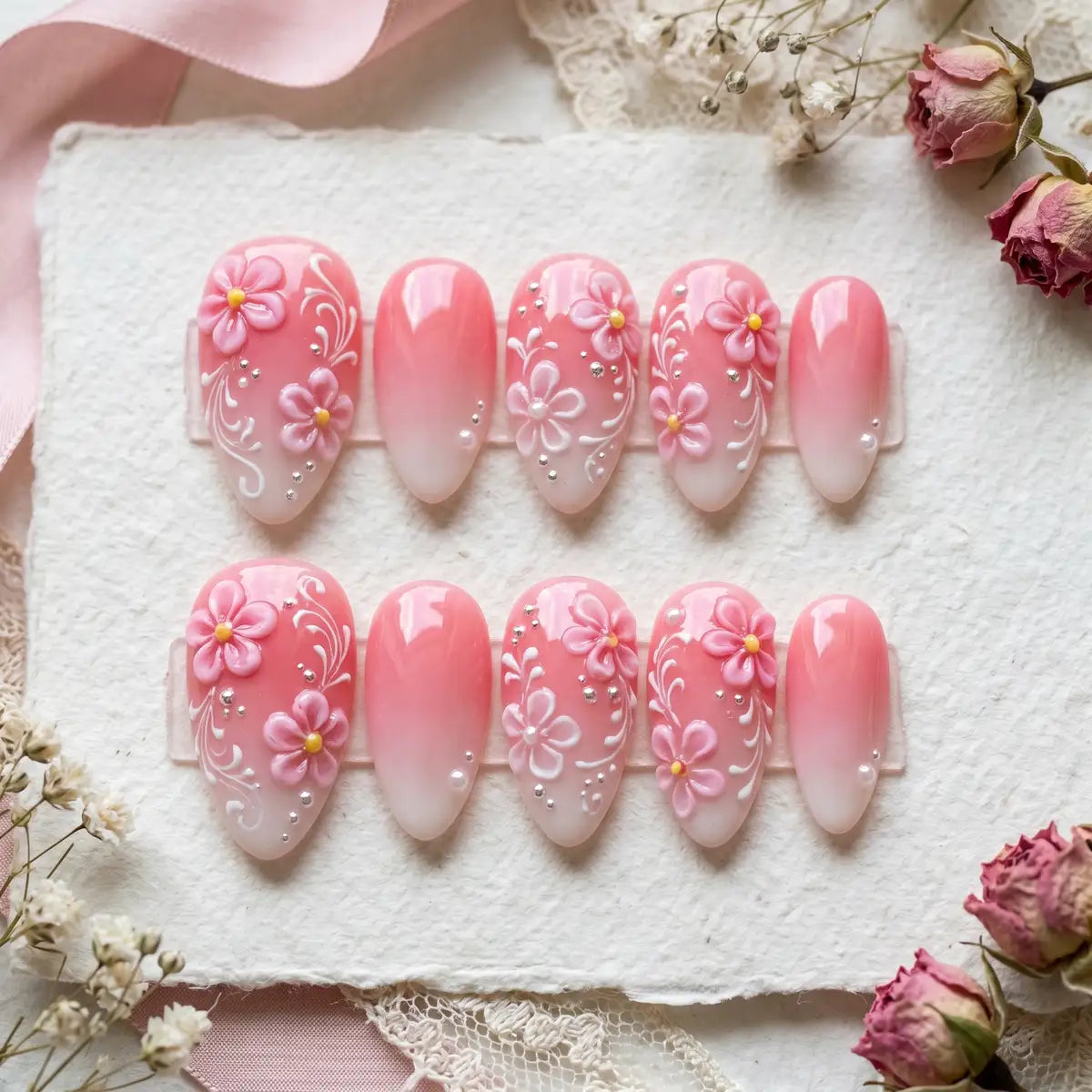pink white 3d ombre almond press on nails peony bloom botanical pearl mockup 01