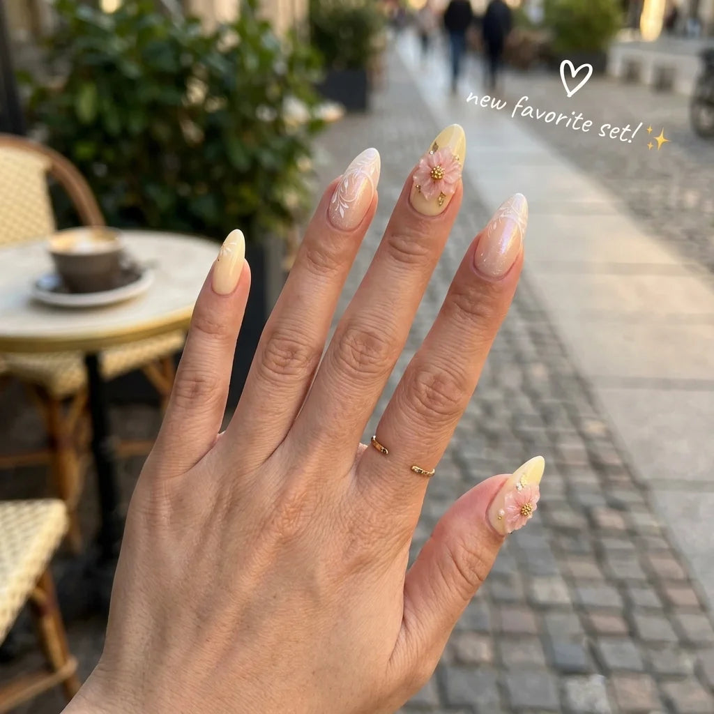 pink yellow 3d almond medium press on nails sakura detail 01