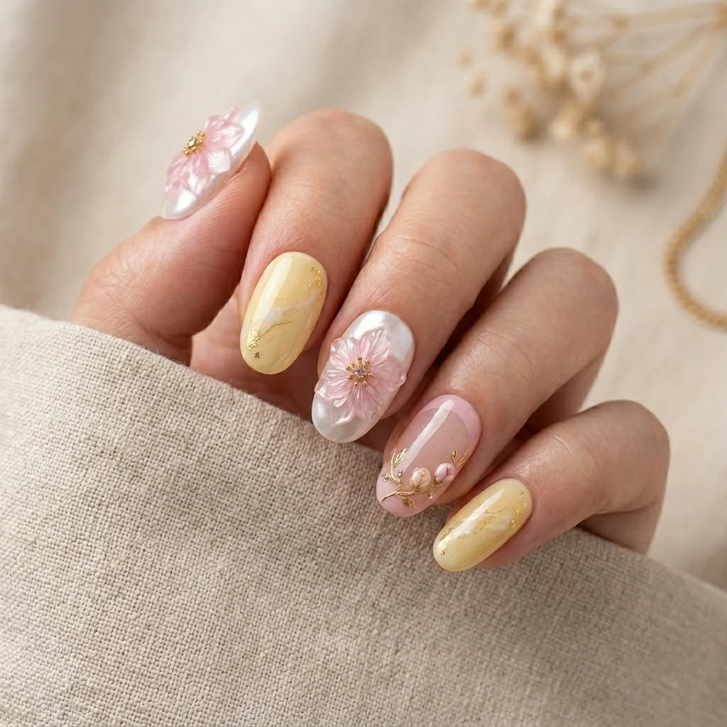 pink yellow 3d almond medium press on nails sakura flat lay 01