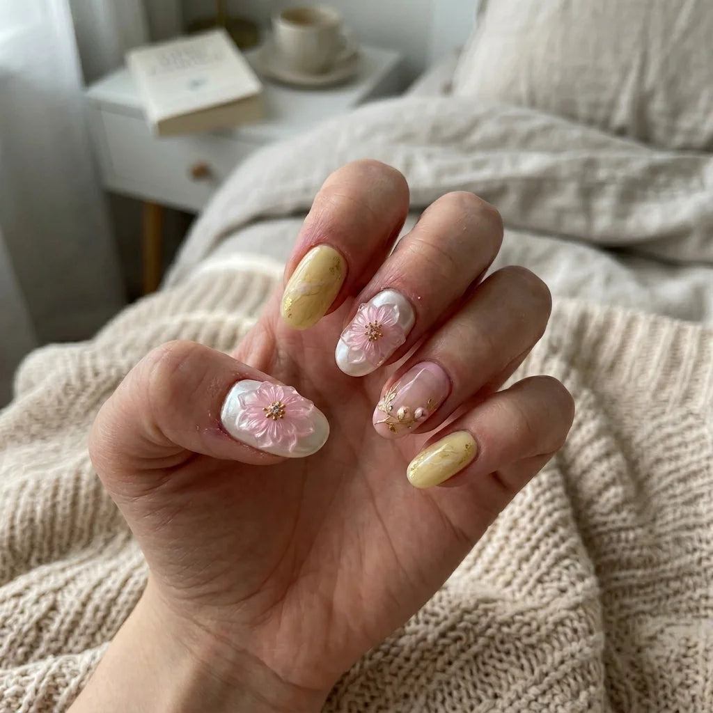 pink yellow 3d almond medium press on nails sakura flat lay 02