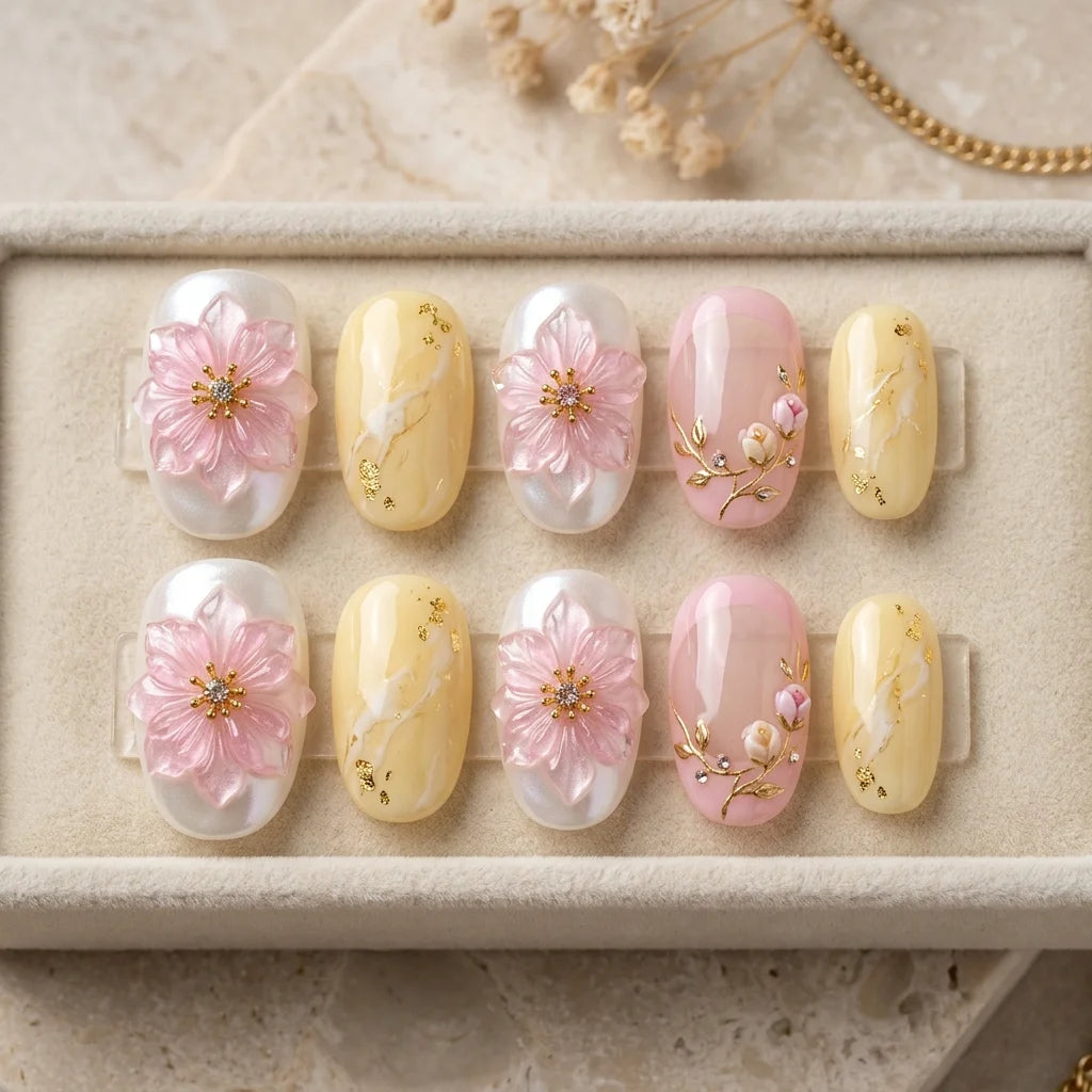 pink yellow 3d almond medium press on nails sakura mockup 01