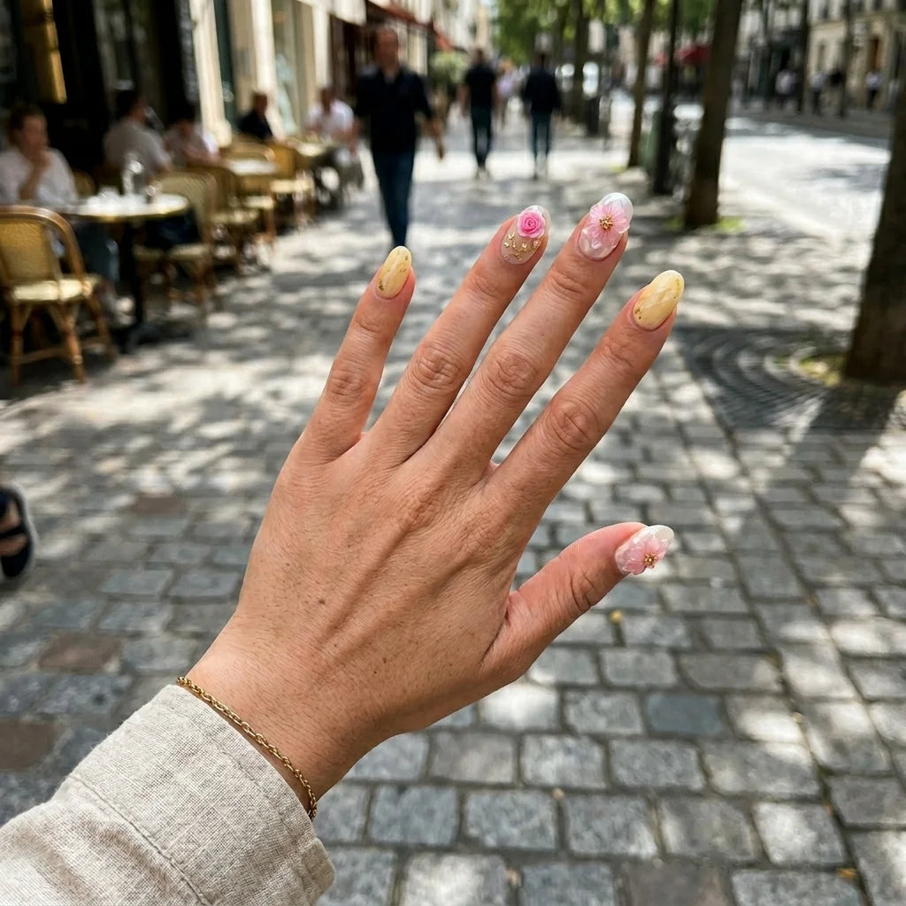 pink yellow 3d almond medium press on nails sakura mockup 02