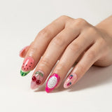 pink yellow magenta 3d hand painted almond press on nails tropical fruit detail 01