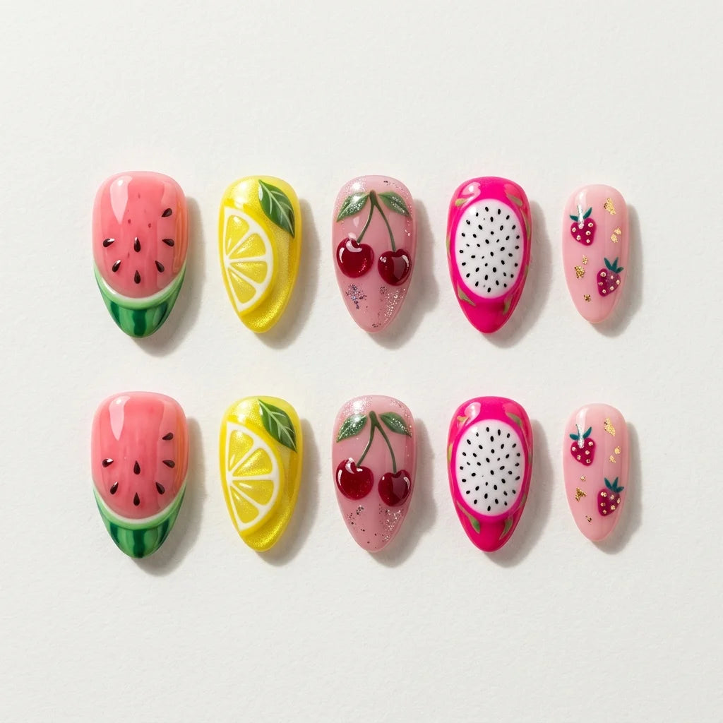 pink yellow magenta 3d hand painted almond press on nails tropical fruit flat lay 01