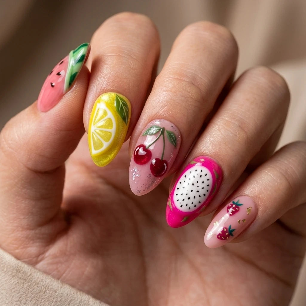 pink yellow magenta 3d hand painted almond press on nails tropical fruit lifestyle 01