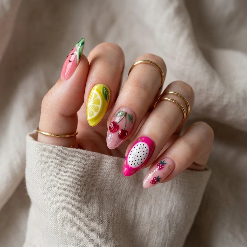 pink yellow magenta 3d hand painted almond press on nails tropical fruit mockup 01