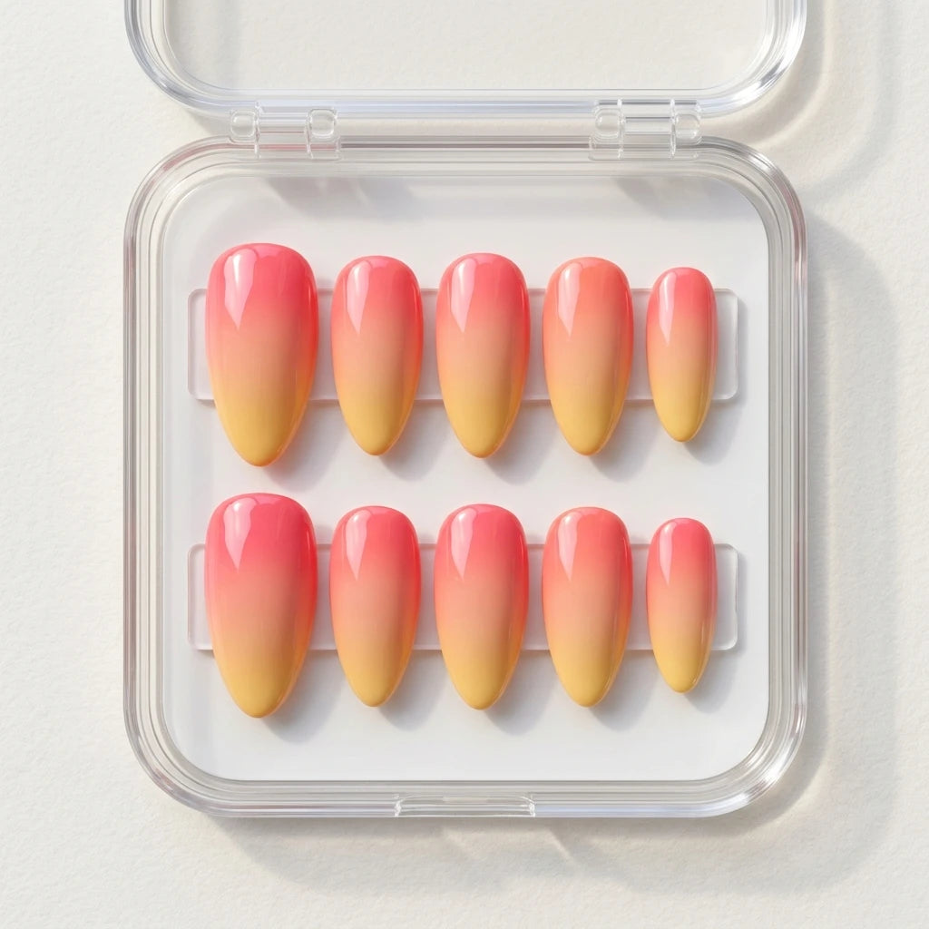 pink yellow ombre almond press on nails sunset detail 03