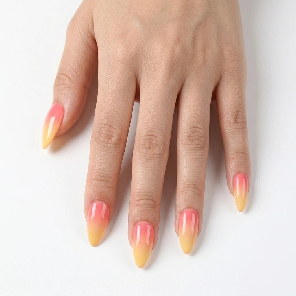 pink yellow ombre almond press on nails lifestyle 01