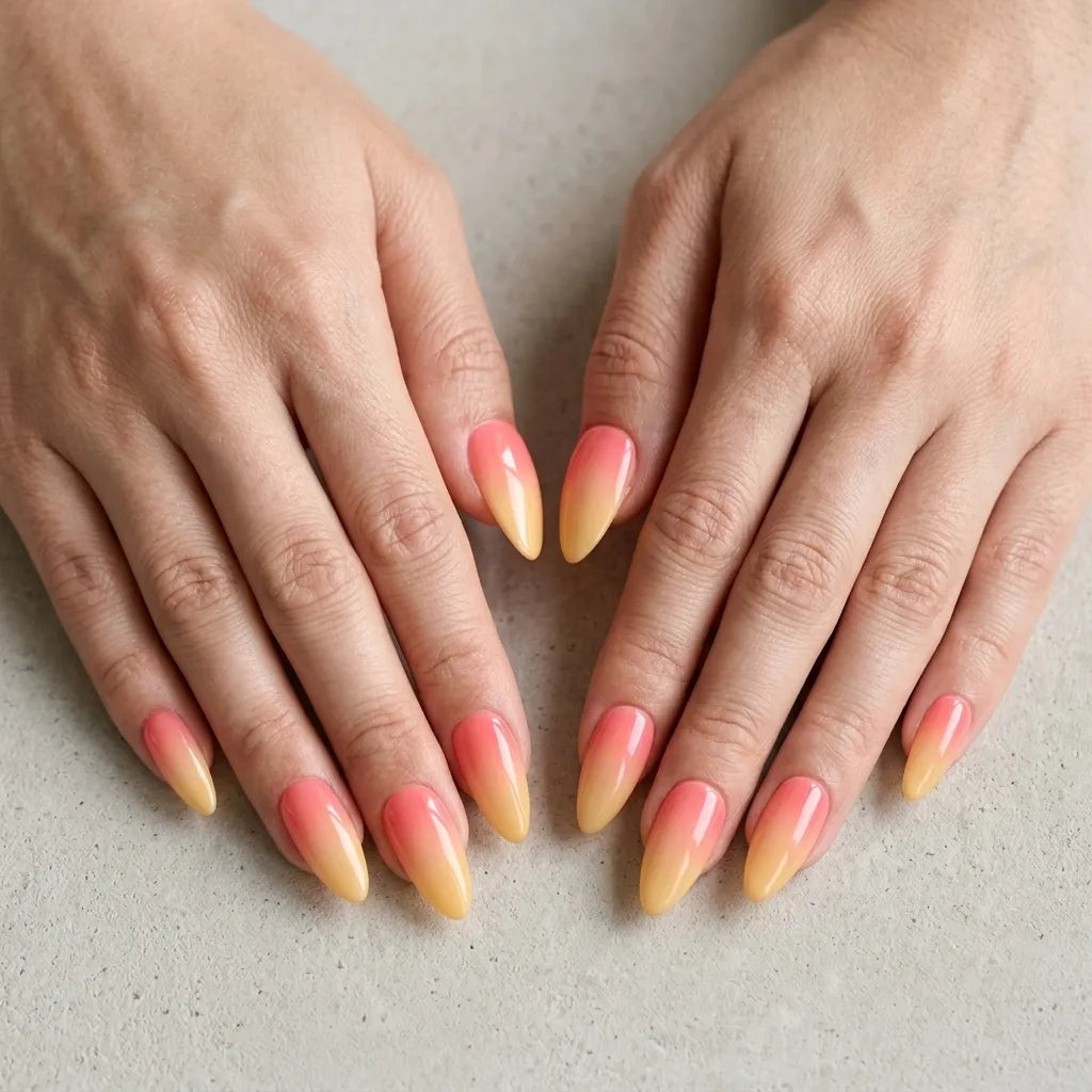 pink yellow ombre almond press on nails mockup 01