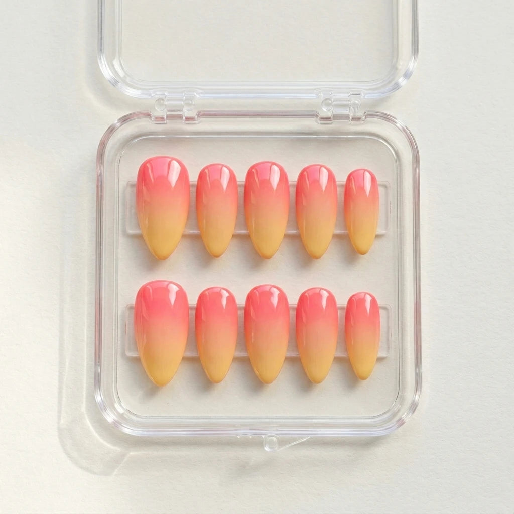 pink yellow ombre almond press on nails mockup 02