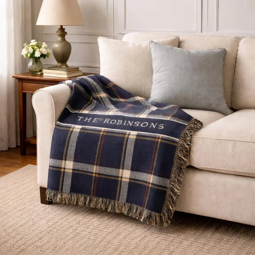 Personalized plaid banner woven blanket with fringe trim