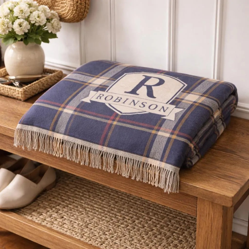 Personalized plaid crest woven blanket with fringe trim