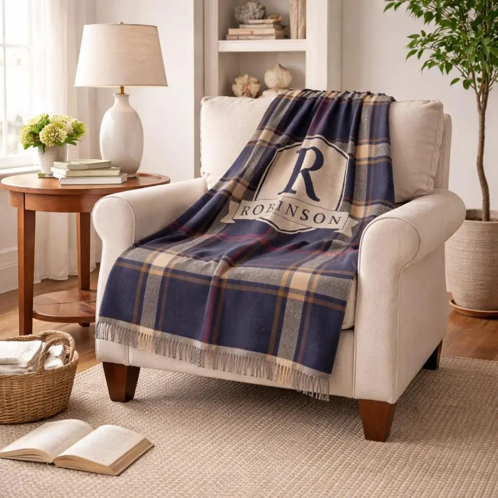 Personalized plaid crest woven blanket shown in a styled room setting