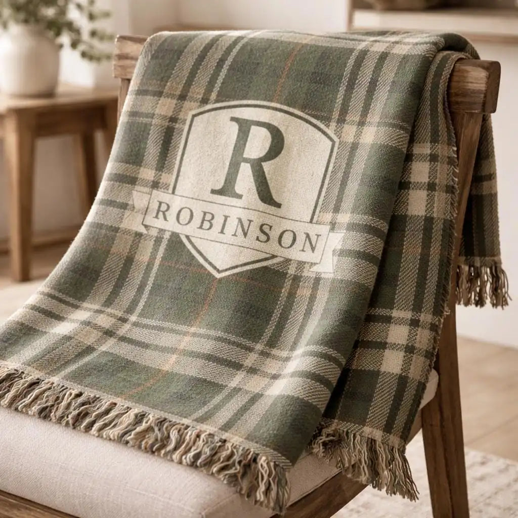 Close-up of the personalized plaid woven blanket with texture and fringe detail