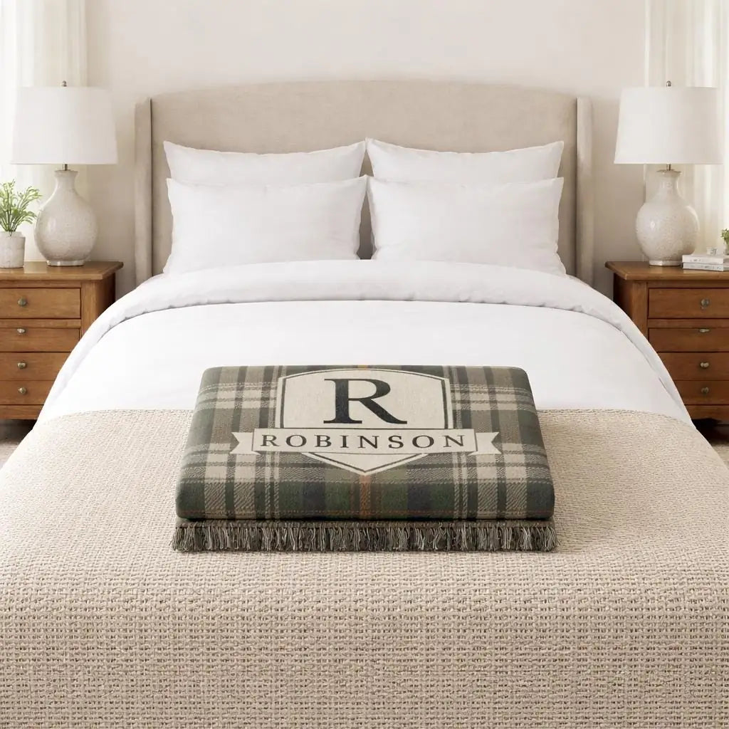 Close-up of the personalized plaid woven blanket with texture and fringe detail