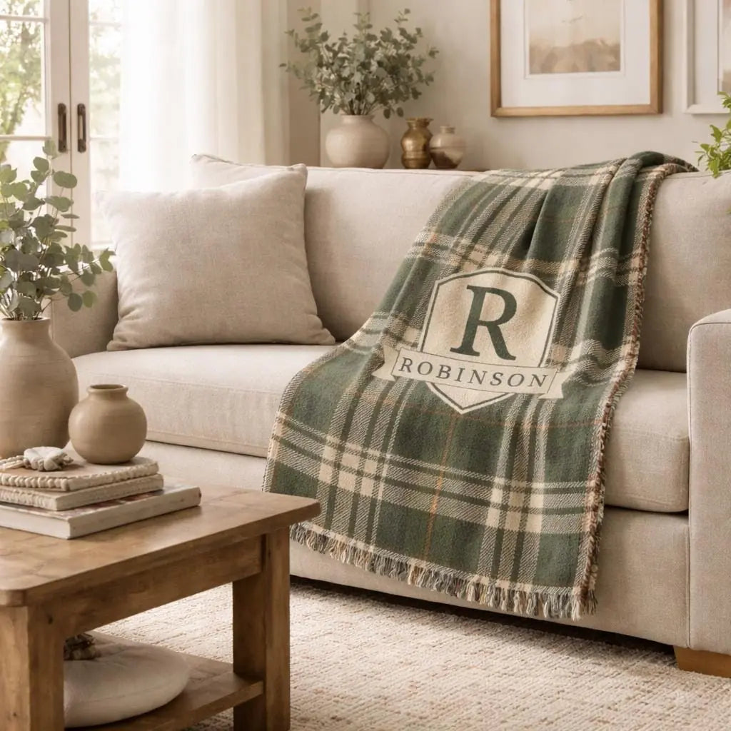 Close-up of the personalized plaid woven blanket with texture and fringe detail