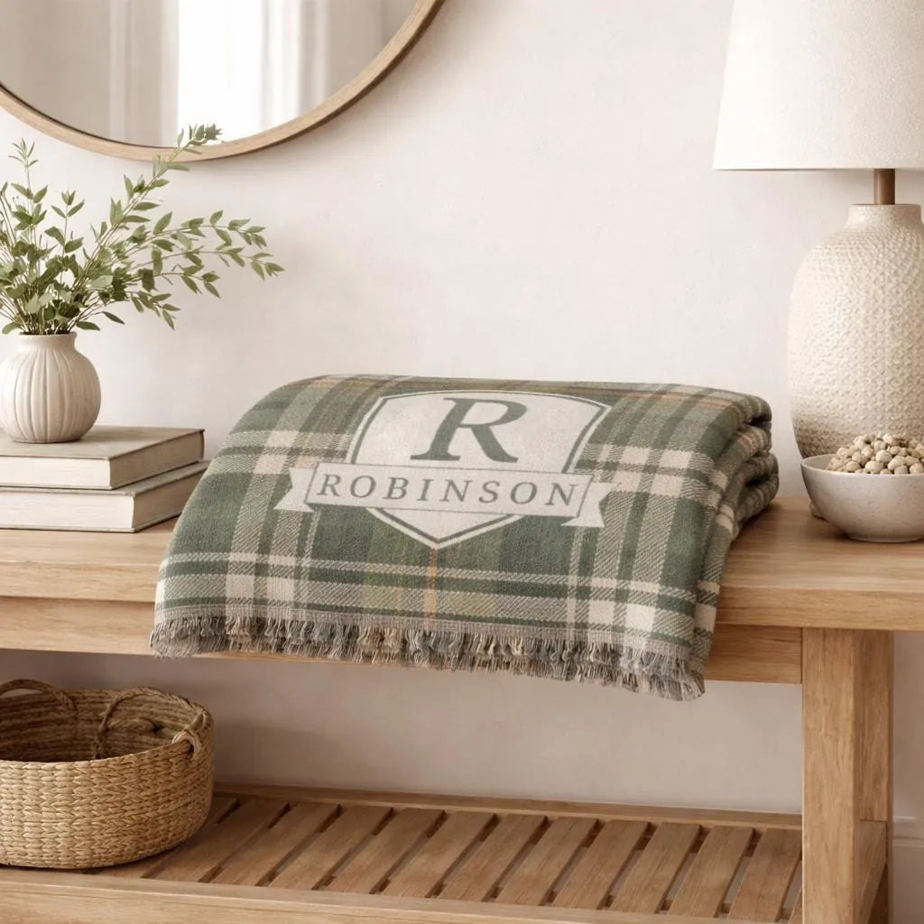 Personalized plaid woven blanket shown in a styled room setting
