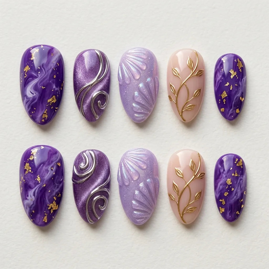 plum lilac nude 3d cat eye almond press on nails seashell silver swirl gold vine flat lay 03