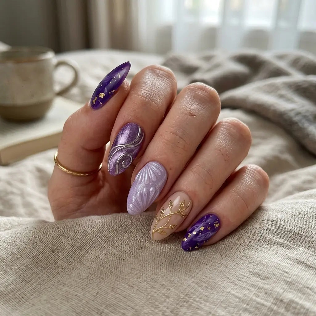 plum lilac nude 3d cat eye almond press on nails seashell silver swirl gold vine lifestyle 02