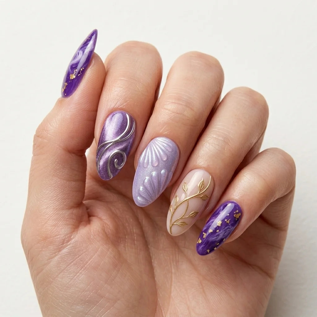 plum lilac nude 3d cat eye almond press on nails seashell silver swirl gold vine mockup 01