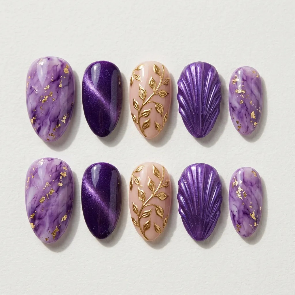 plum nude gold 3d marble almond press on nails seashell botanical detail 05