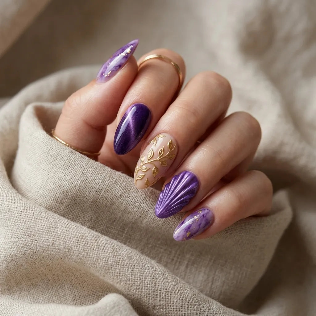 plum nude gold 3d marble almond press on nails seashell botanical lifestyle 03