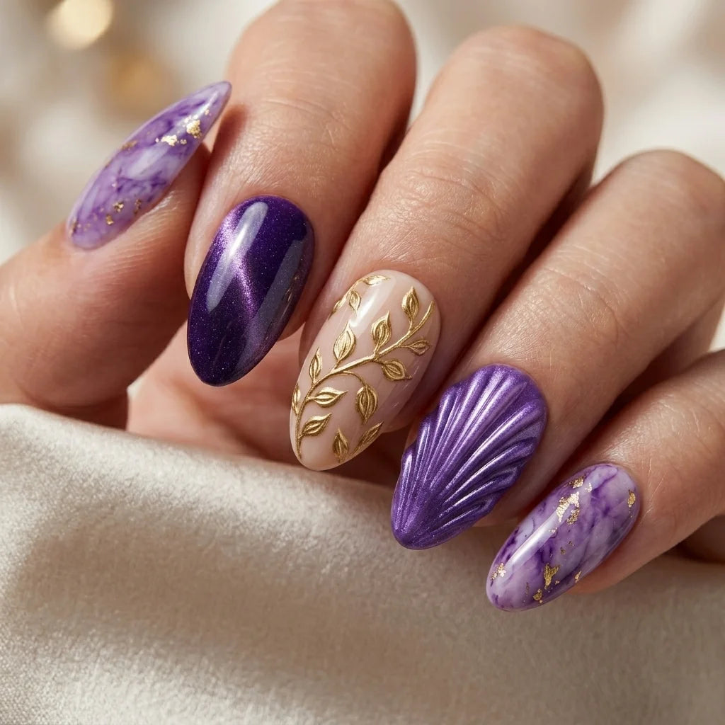 plum nude gold 3d marble almond press on nails seashell botanical mockup 01