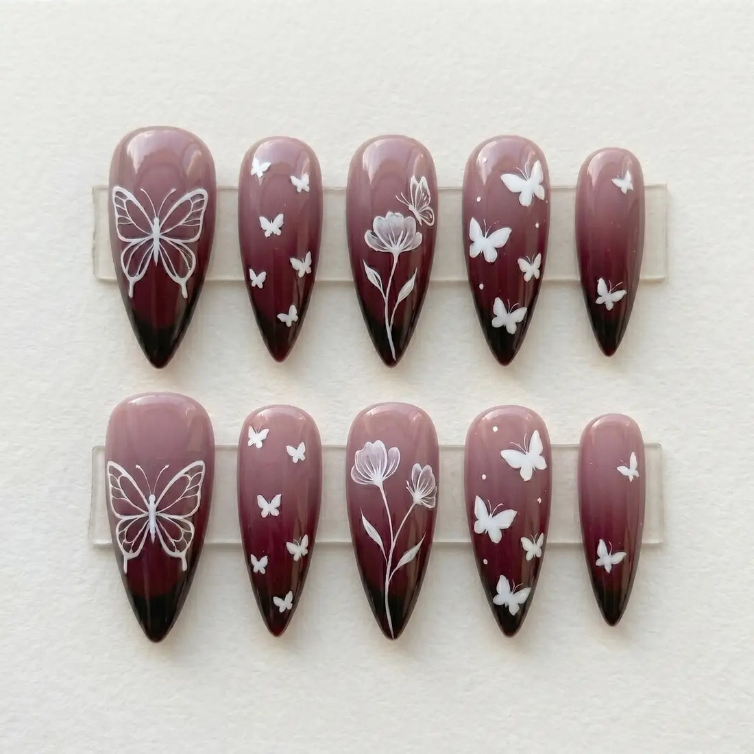 plum ombre hand painted stiletto long press on nails butterfly floral lifestyle 01