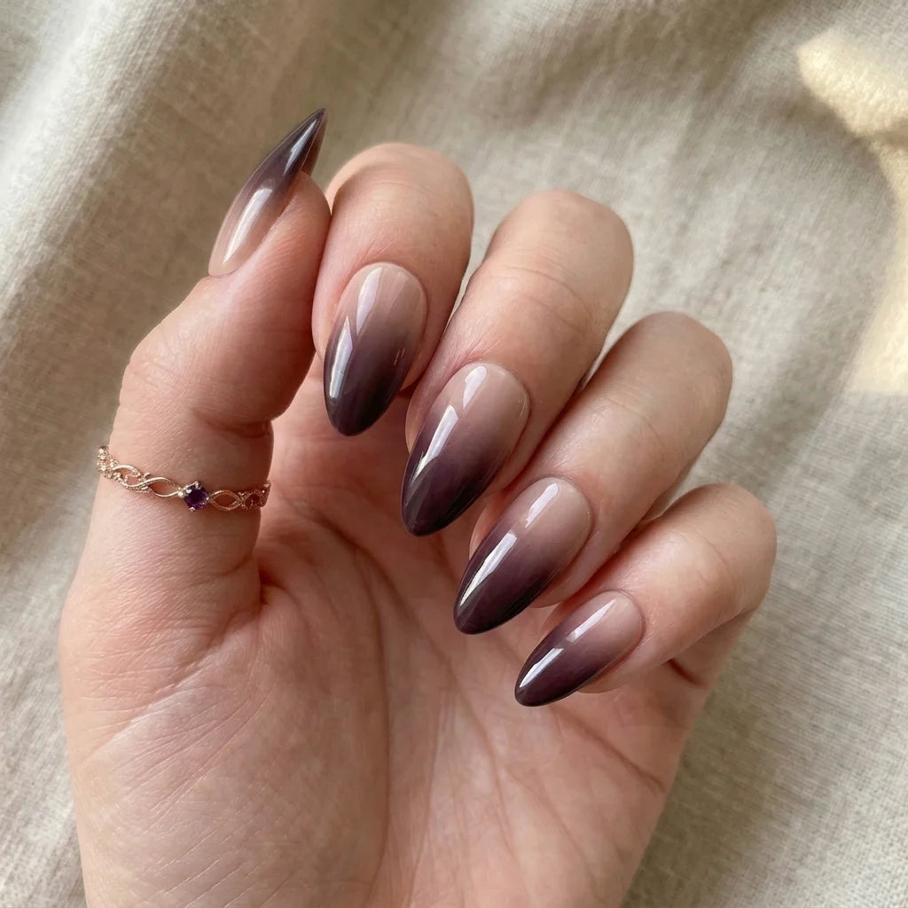 plum purple nude ombre almond press on nails detail 02