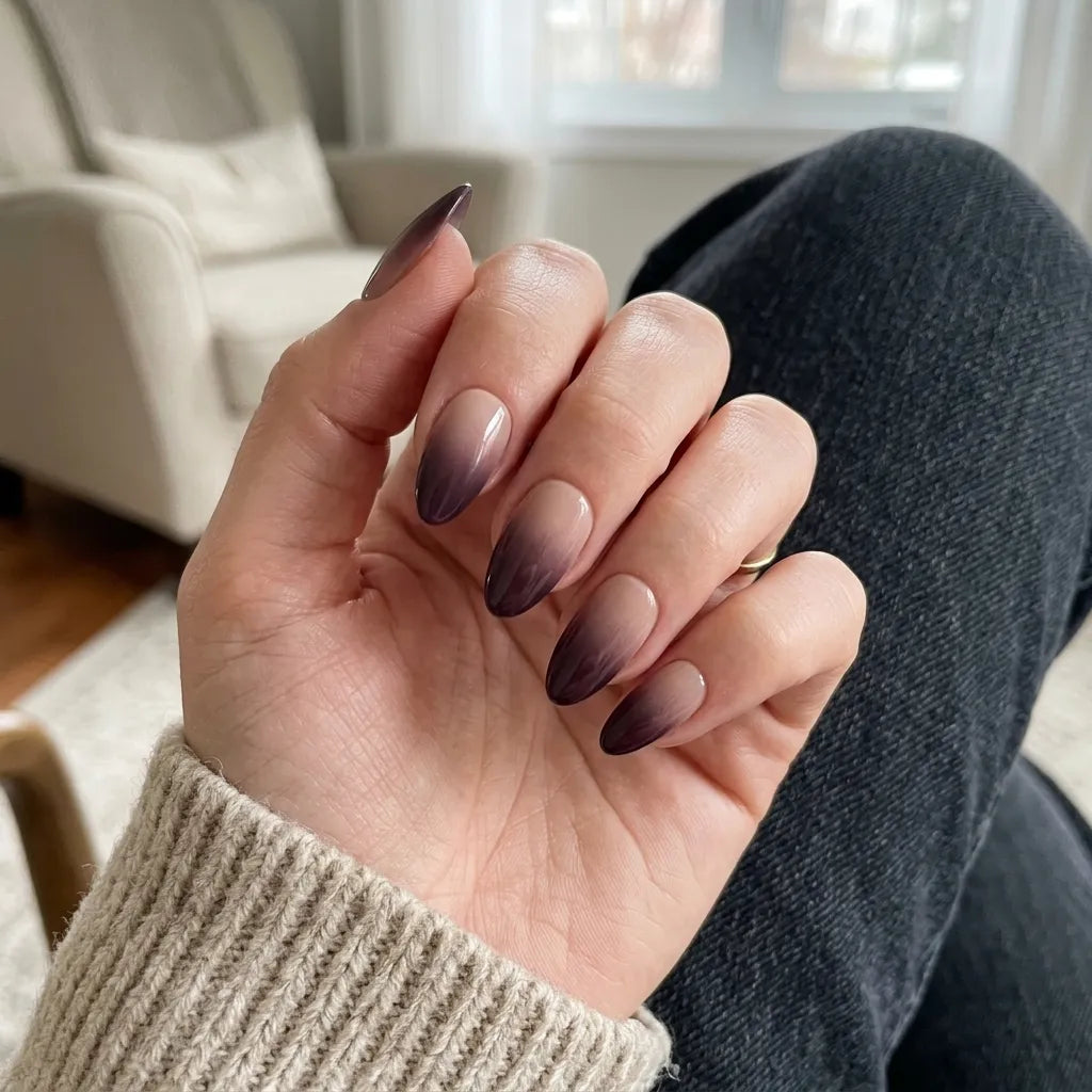 plum purple nude ombre almond press on nails lifestyle 01