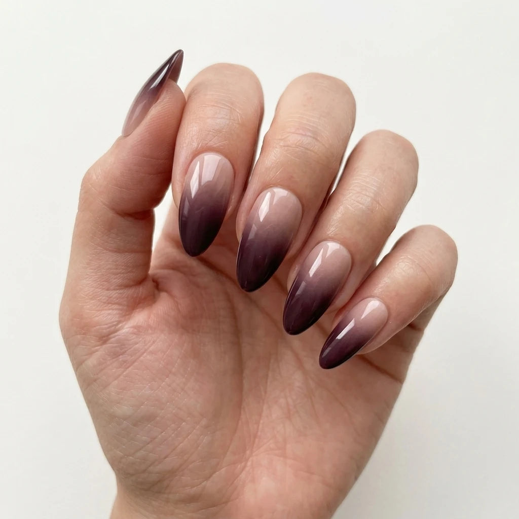 plum purple nude ombre almond press on nails mockup 01