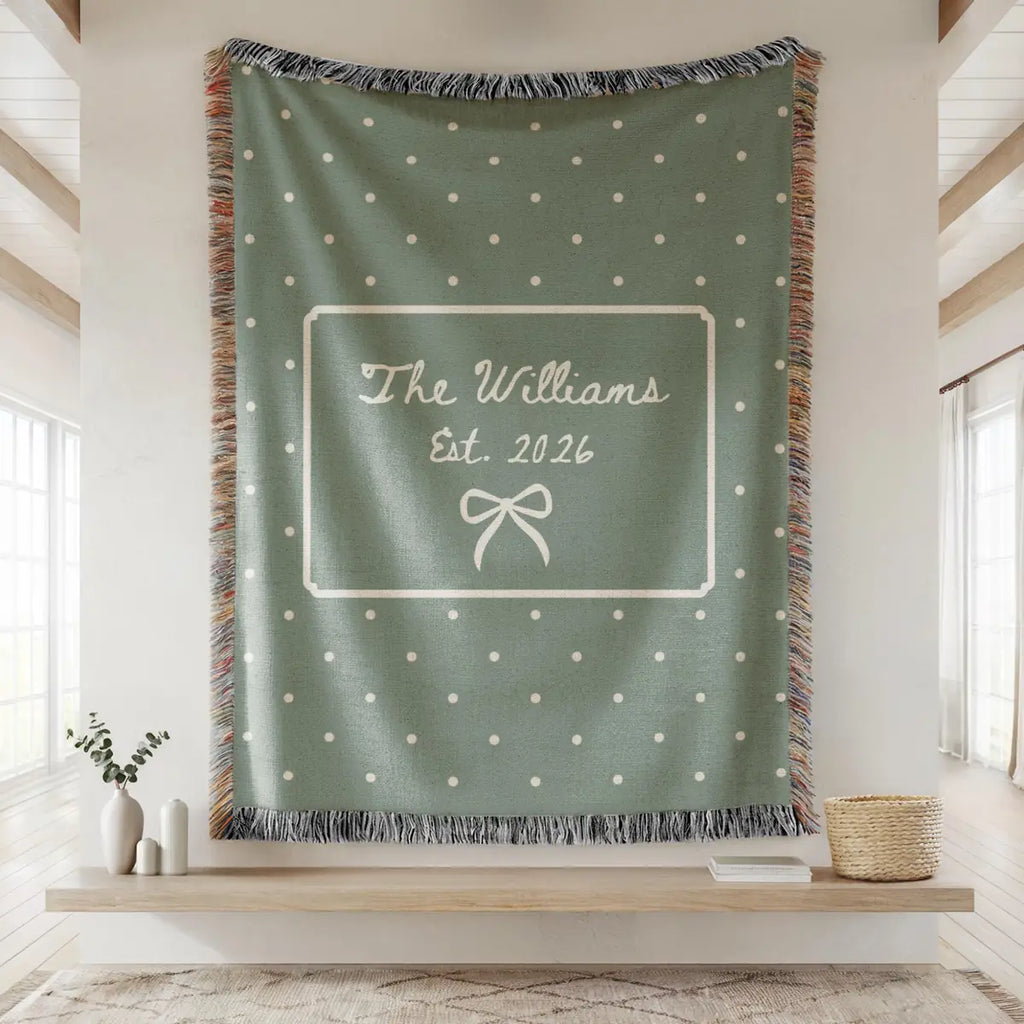 Personalized polka dot bow woven blanket with fringe trim