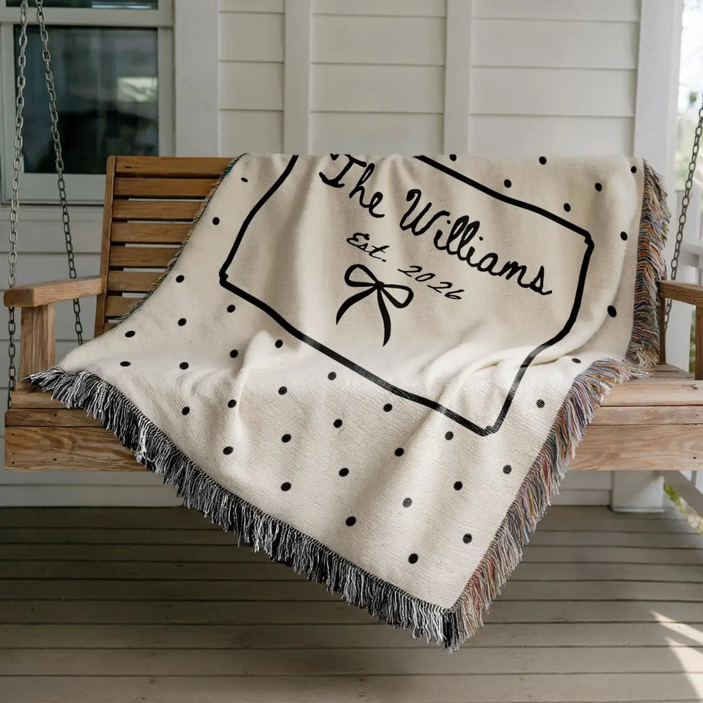 Product information card for the polka dot bow woven blanket