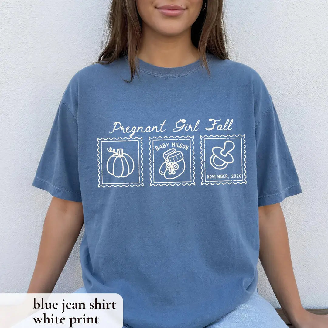 Woman in a Blue Jean Comfort Colors tee sitting on a bench, white pregnant girl fall script above three stamp frames