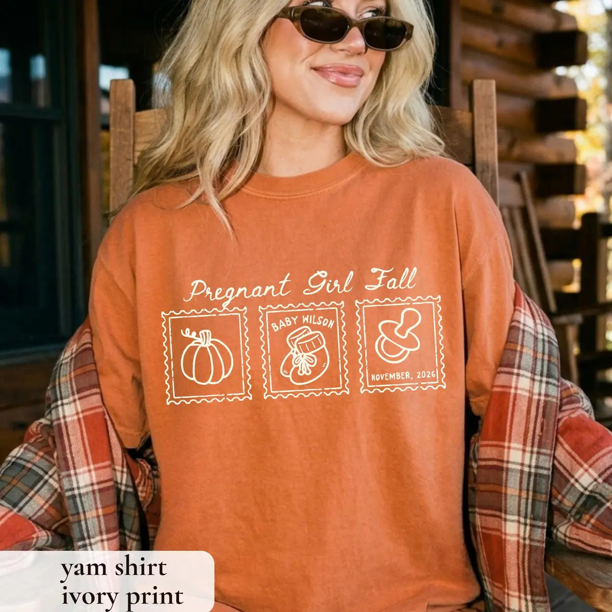 Woman in a Yam orange Comfort Colors tee and a plaid flannel, ivory pregnant girl fall script over three stamp frames