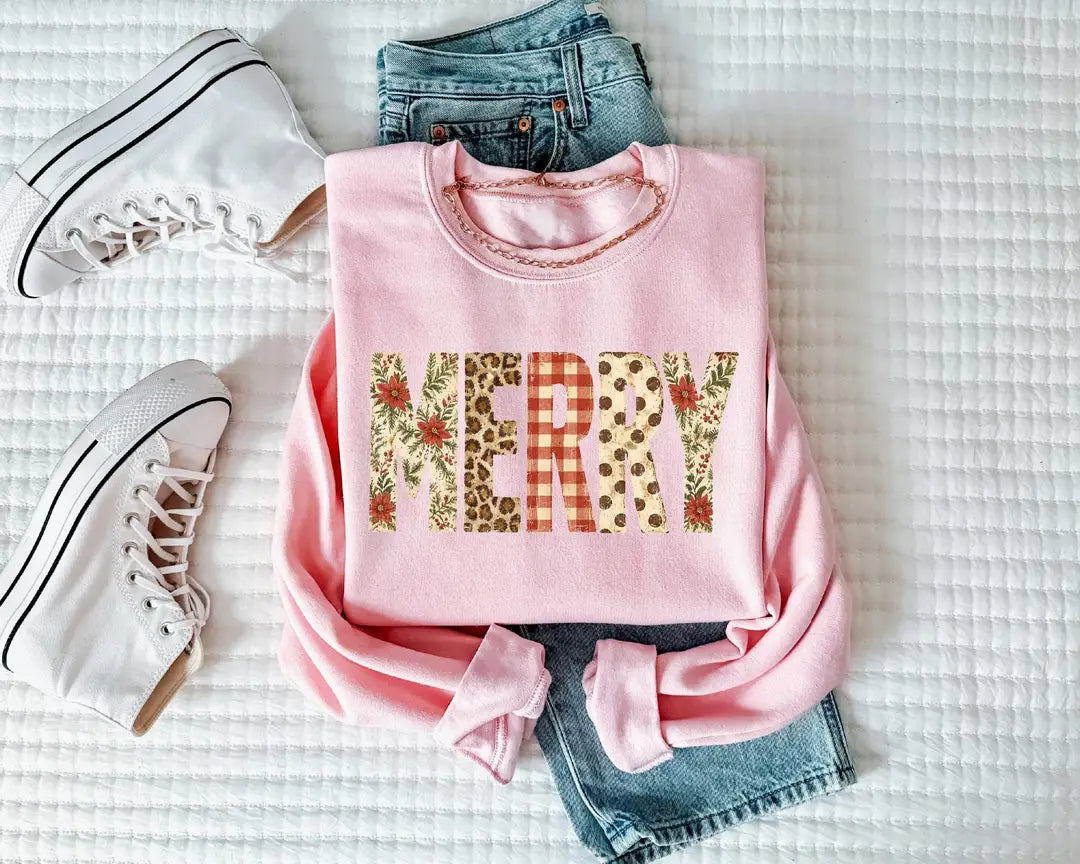 Preppy Merry Crewneck Sweatshirt alternate product view in Pink.