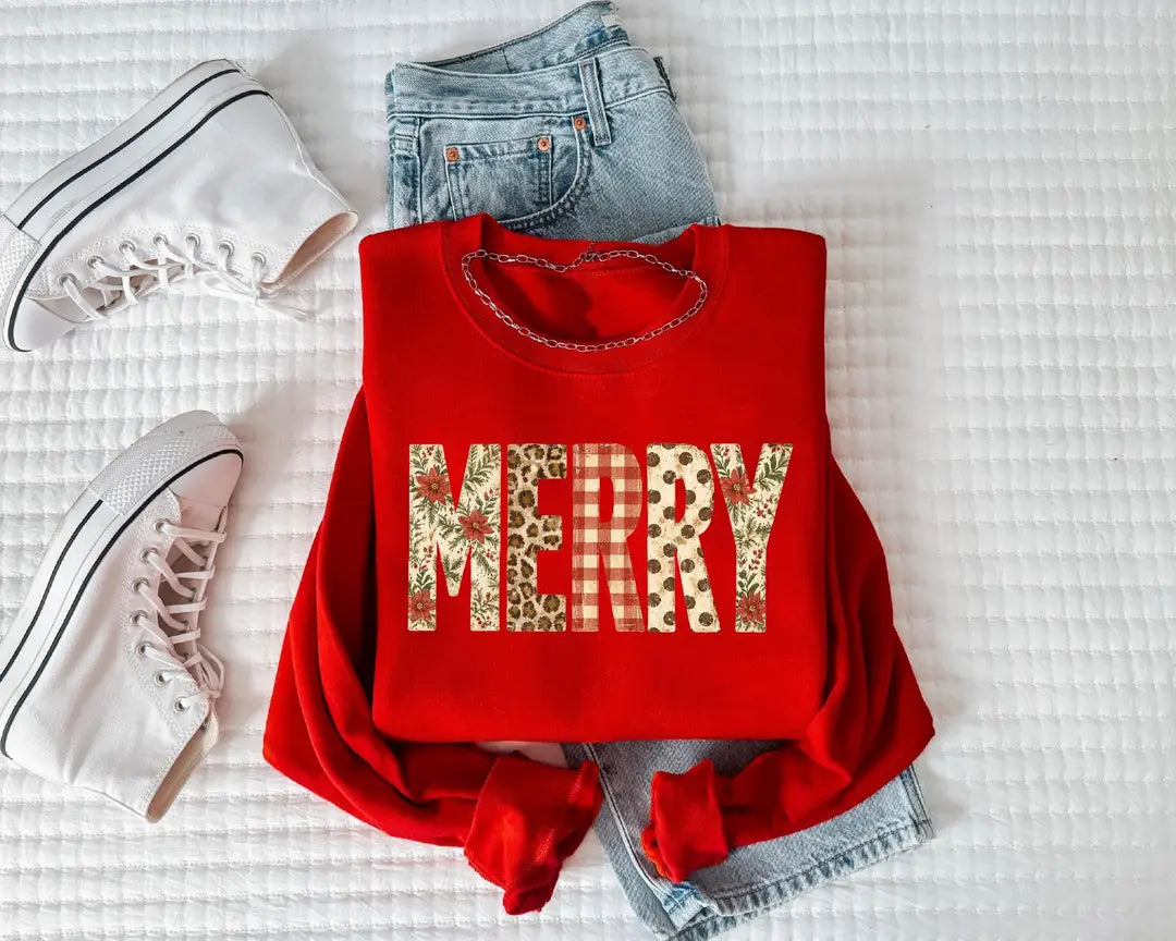 Preppy Merry Crewneck Sweatshirt alternate product view in Red.