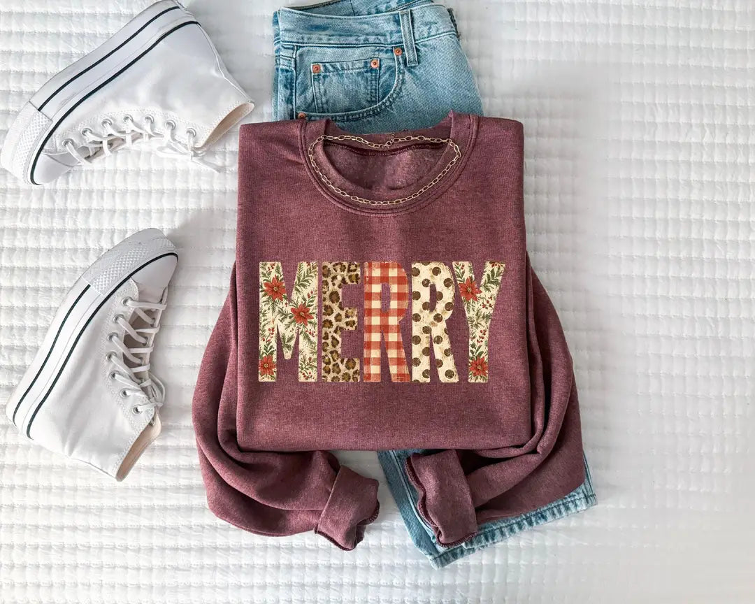 Preppy Merry crewneck sweatshirt in Heather Maroon.