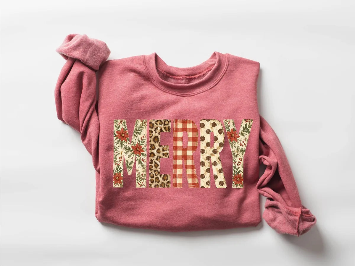 Preppy Merry Crewneck Sweatshirt alternate product view in Pink.