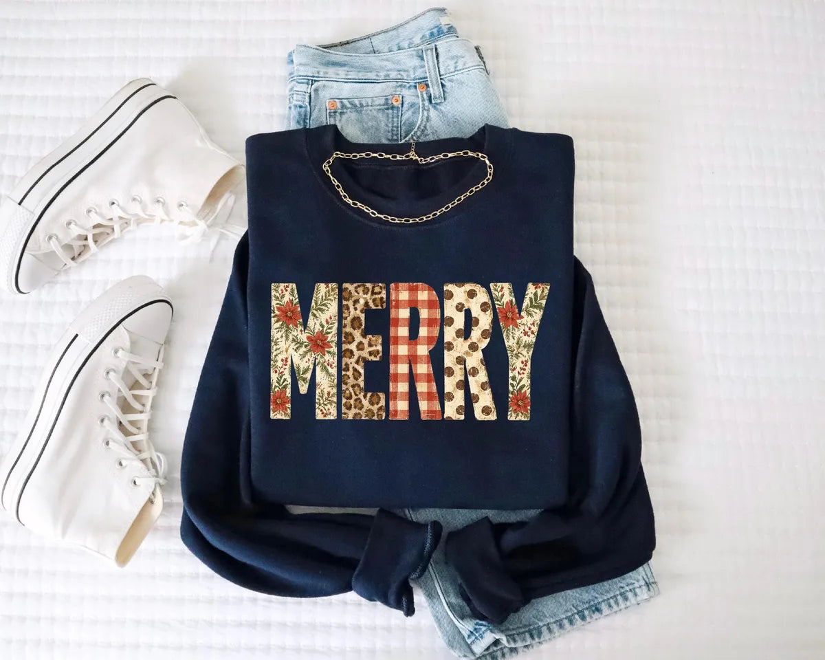 Preppy Merry Crewneck Sweatshirt alternate product view in Navy.