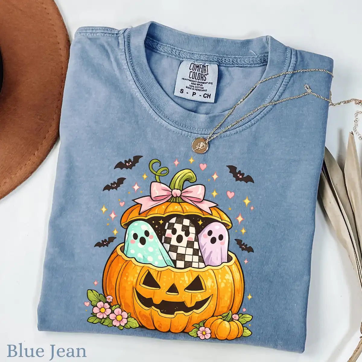 Moss Comfort Colors T-shirt featuring Preppy Pumpkin Ghost Halloween print