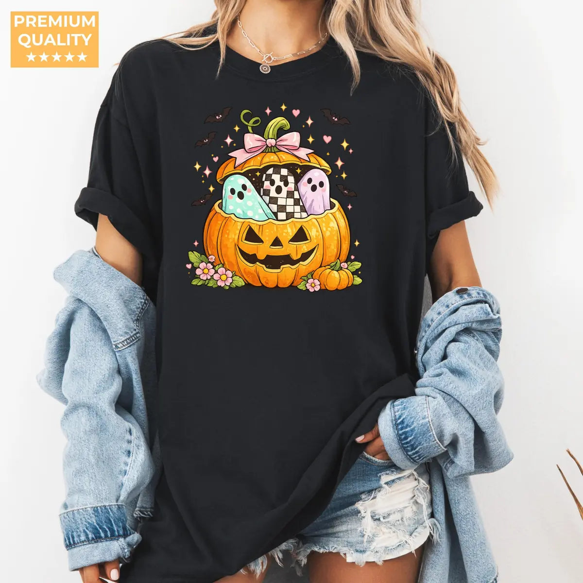 Woman wearing Yam Preppy Pumpkin Ghost - Coquette Halloween Comfort Colors T-Shirt