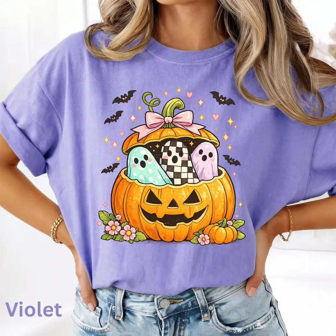 Violet Comfort Colors T-shirt mockup showing Preppy Pumpkin Ghost Halloween design