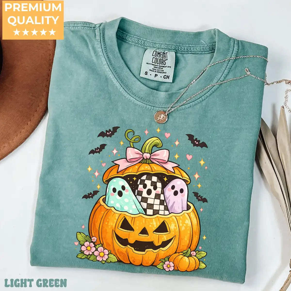 Pepper Comfort Colors T-shirt mockup showing Preppy Pumpkin Ghost Halloween design