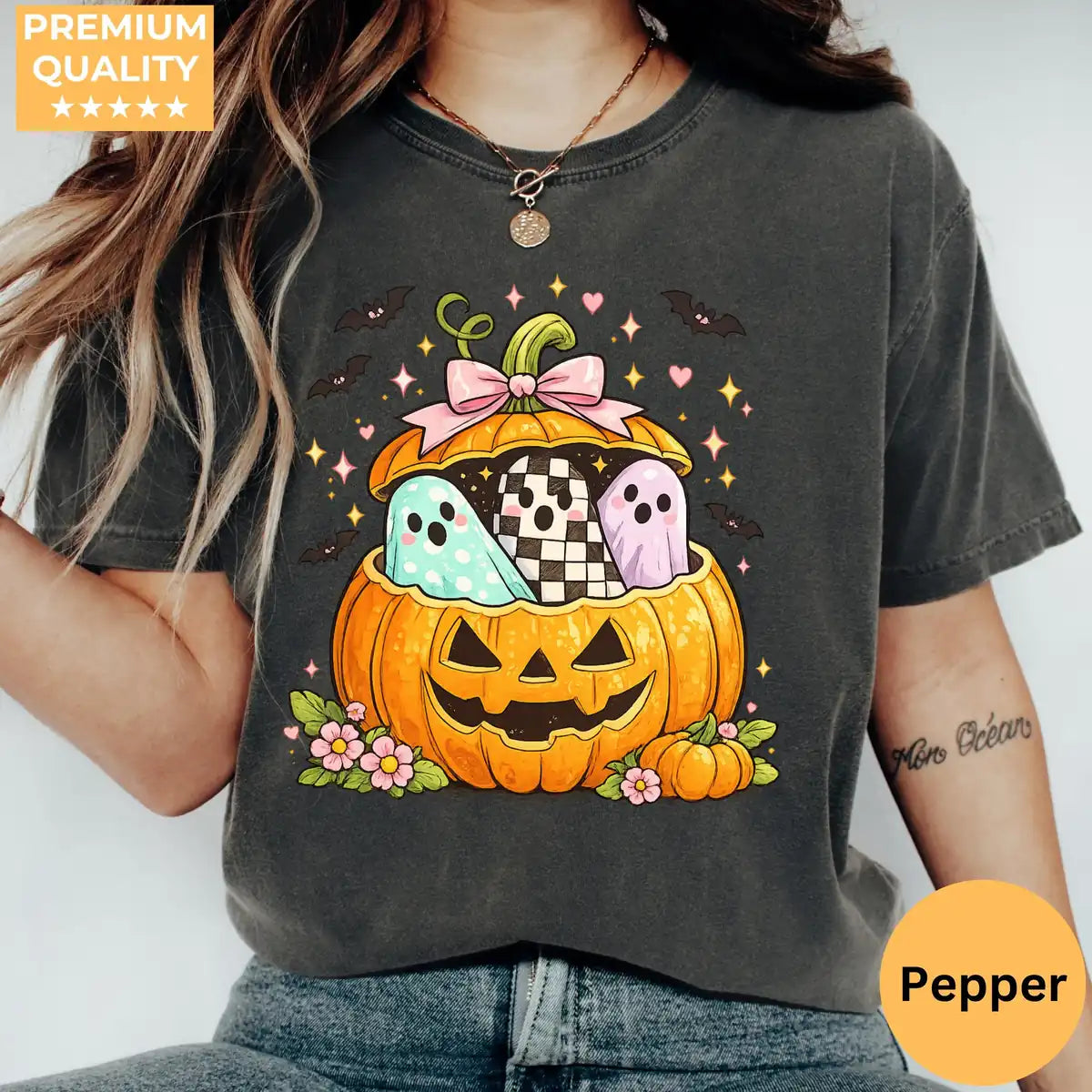 Crunchberry Comfort Colors T-shirt mockup showing Preppy Pumpkin Ghost Halloween design