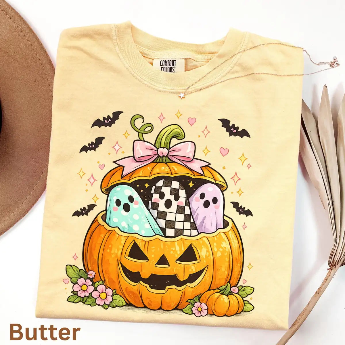 Blue Comfort Colors T-shirt mockup showing Preppy Pumpkin Ghost Halloween design