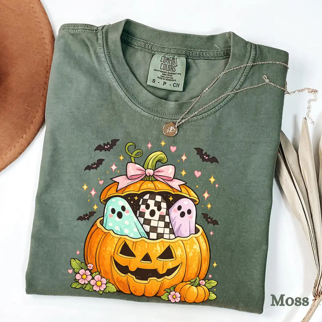 Light Comfort Colors T-shirt mockup showing Preppy Pumpkin Ghost Halloween design