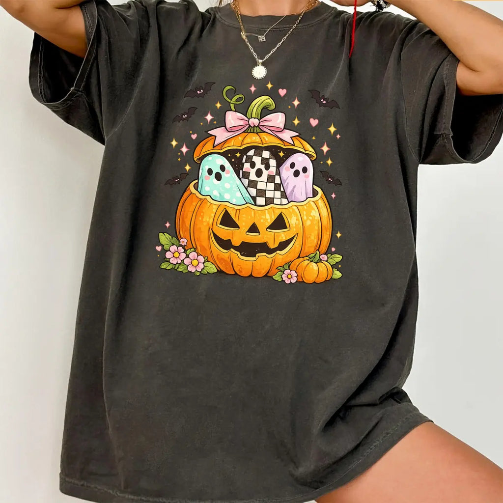 Ivory Comfort Colors T-shirt mockup showing Preppy Pumpkin Ghost Halloween design